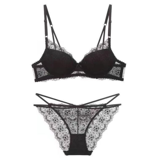 Sexy Lace Bra Panty Set Women Deep V Gathered Sexy Lingerie