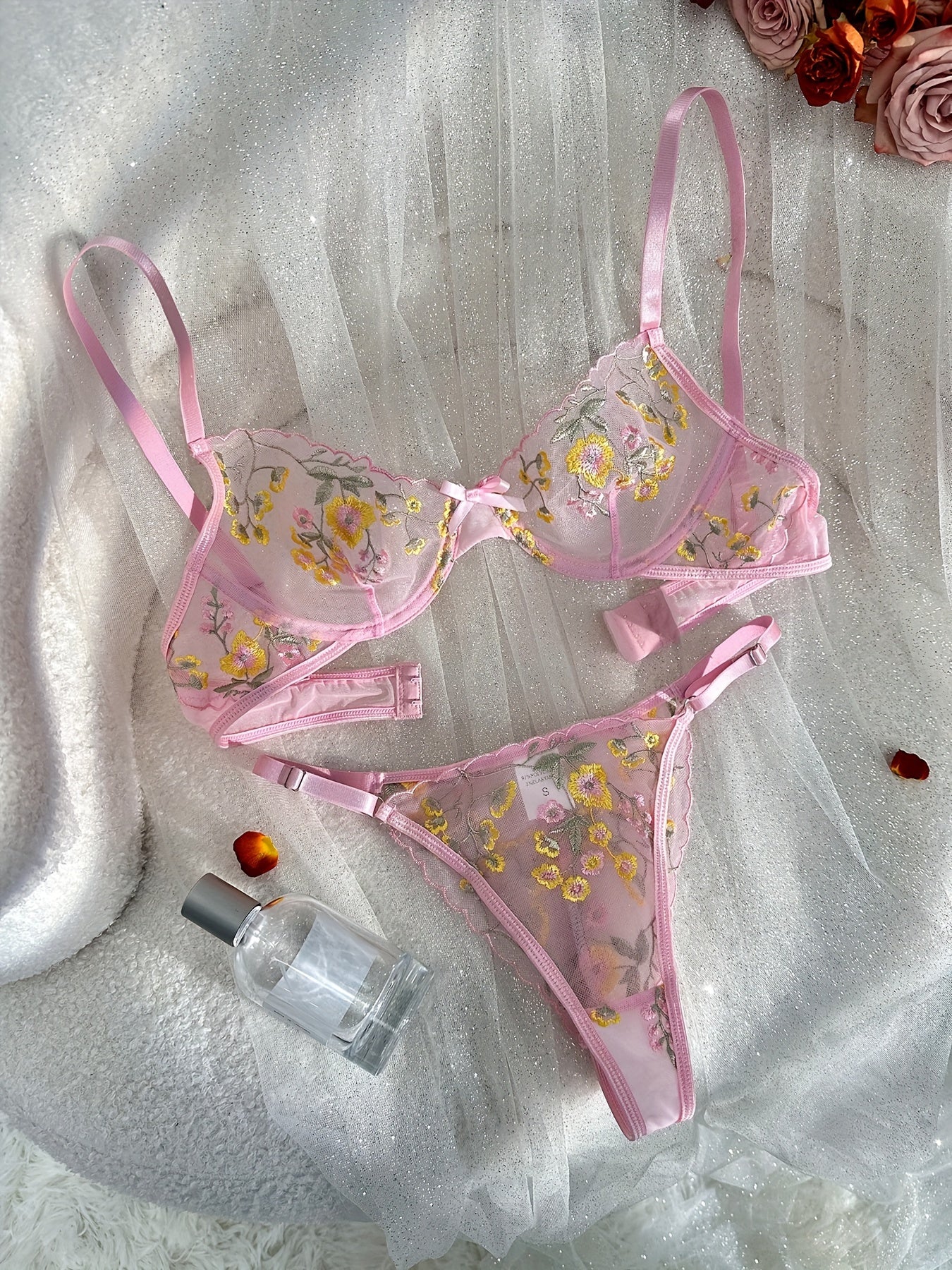 Floral Embroidery Lingerie Set, Sheer Unlined Bra & Mesh Thong, Women's Sexy Lingerie & Underwear