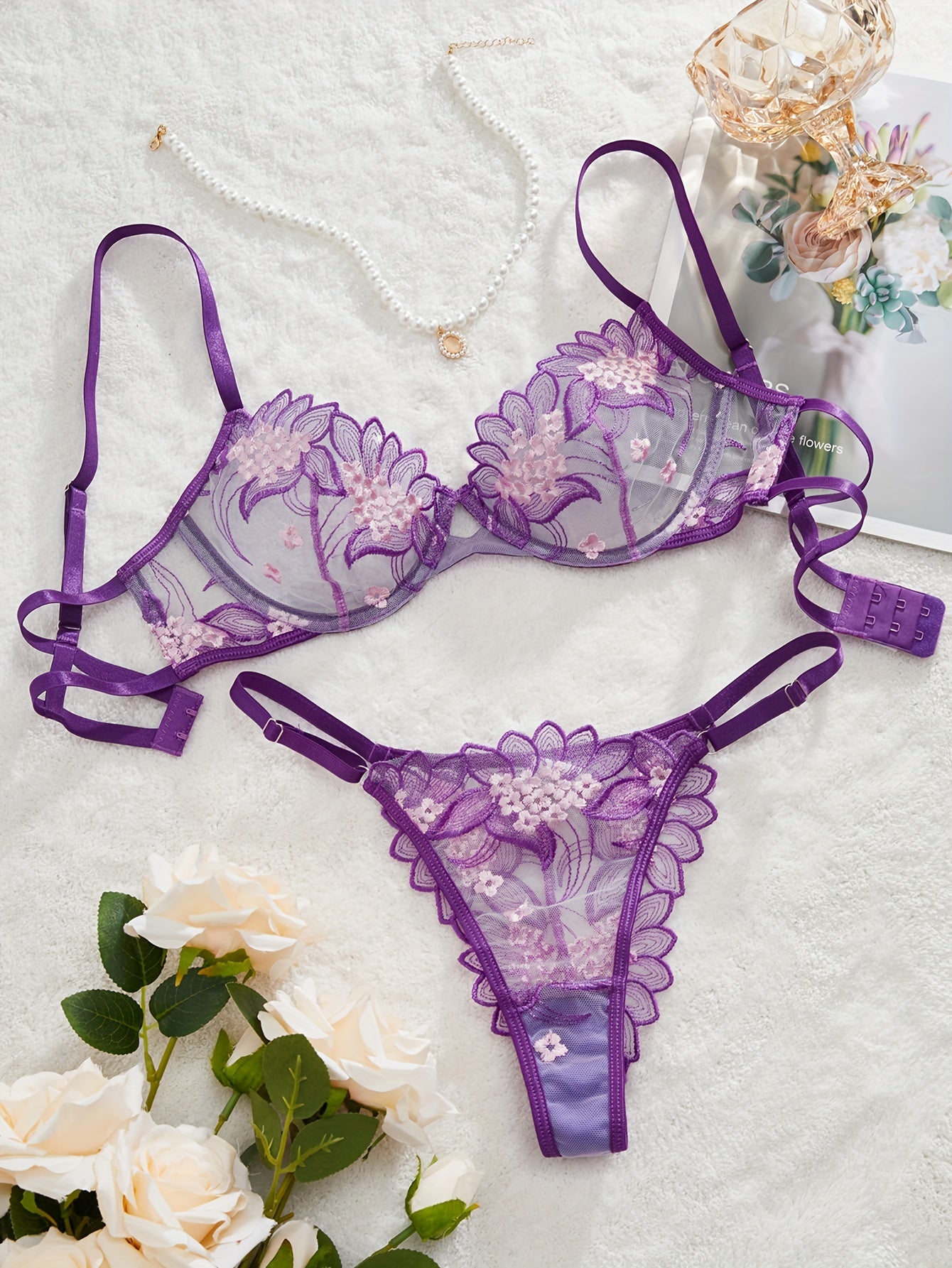 Lace Embroidery Lingerie Set, Sheer Unlined Bra & Mesh Thong, Women's Sexy Lingerie & Underwear