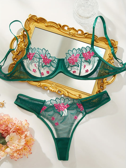 Floral Embroidery Lingerie Set, Sheer Unlined Bra & Mesh Thong, Women's Sexy Lingerie & Underwear