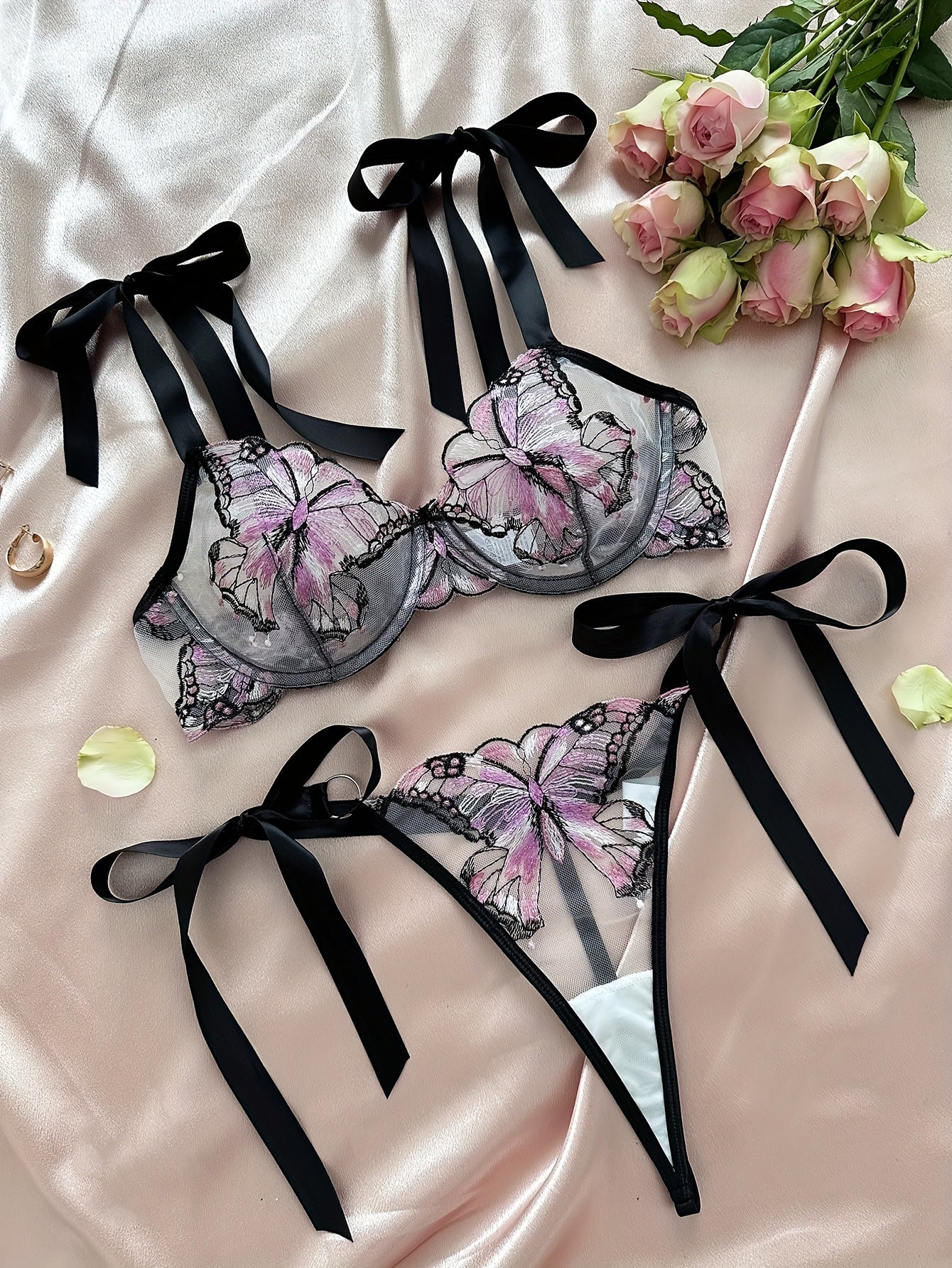 Butterfly Embroidery Lingerie Set, Unlined Mesh Bra & Strappy Thong, Women's Sexy Lingerie & Underwear