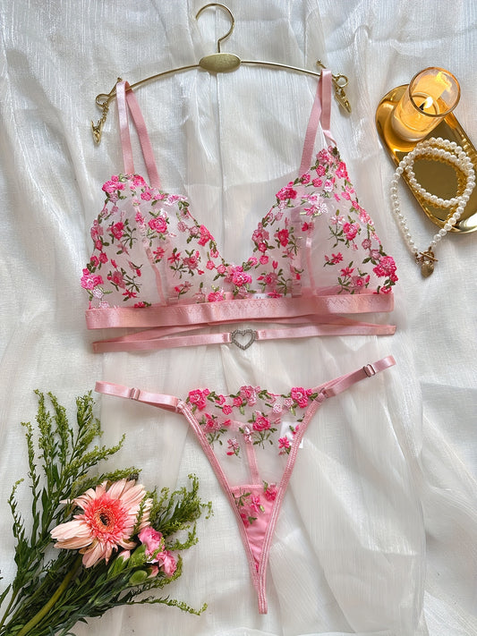 Floral Embroidery Lingerie Set, Cut Out Unlined Bra & Mesh Thong, Women's Sexy Lingerie & Underwear