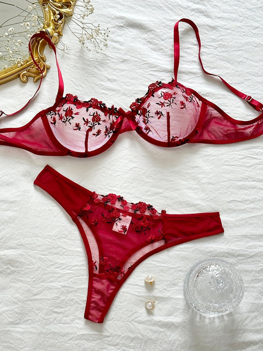 Floral Embroidery Lingerie Set, Sheer Bow Tie Unlined Bra & Mesh Thong, Women's Sexy Lingerie & Underwear