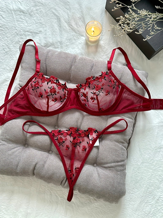 Floral Embroidery Lingerie Set, Sheer Unlined Bra & Mesh Thong, Women's Sexy Lingerie & Underwear