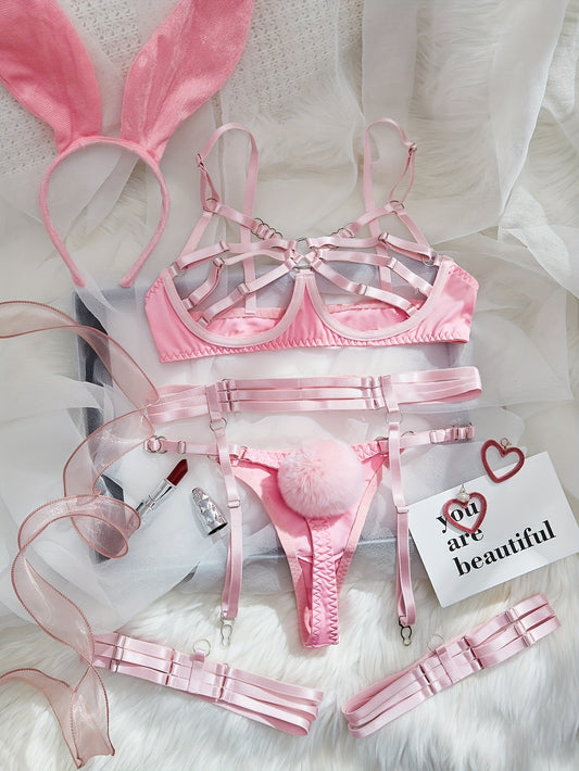 Erotic Strappy Lingerie Set, Cut Out Ring Linked Bra & Pompom Decor Thong & Garter Belt, Women's Sexy Lingerie & Underwear