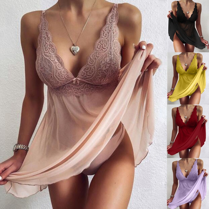 Sexy Women's Lingerie V-neck Mesh Lace Dress See-through High Waist XL Lingerie Sexy Lingerie Women's Pajamas Nightdress