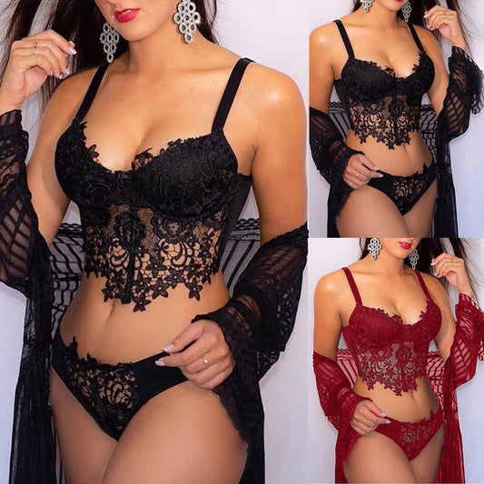 Sexy Women Embroidery Lingerie Lace Collar Wireless Bra Sexy Lingerie Thong Set Underwear Perspective Sexy Sensual Lingerie