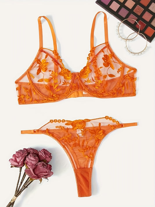 Floral Embroidery Lingerie Set, Unlined Mesh Bra & Thong, Women's Sexy Lingerie & Underwear