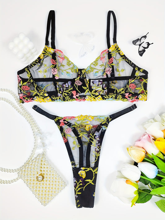 Sexy Floral Embroidery Lingerie Set - Sheer Mesh Push Up Bra and Thong Panties for Women - Seductive Underwear for a Sensual Look