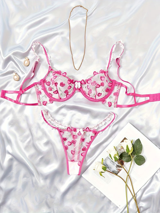 Cherry Embroidery Lingerie Set, Sheer Unlined Bra & Thong, Women's Sexy Lingerie & Underwear